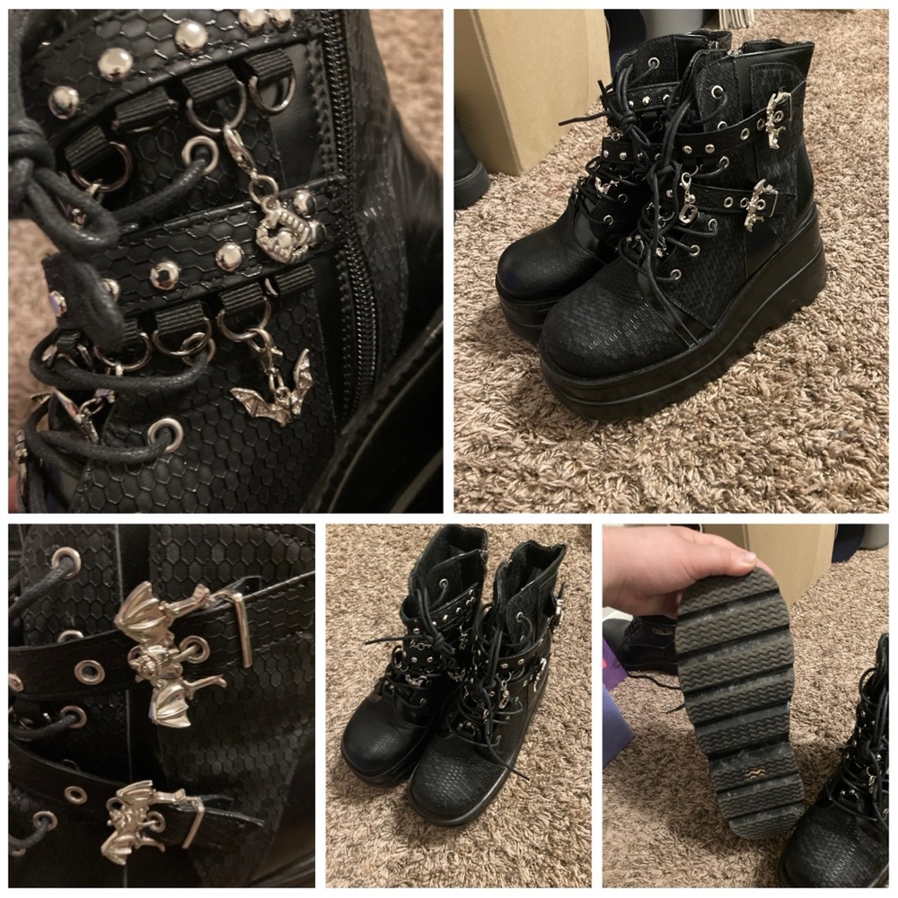 Black Platform Boots with Bat Charms and Buckles